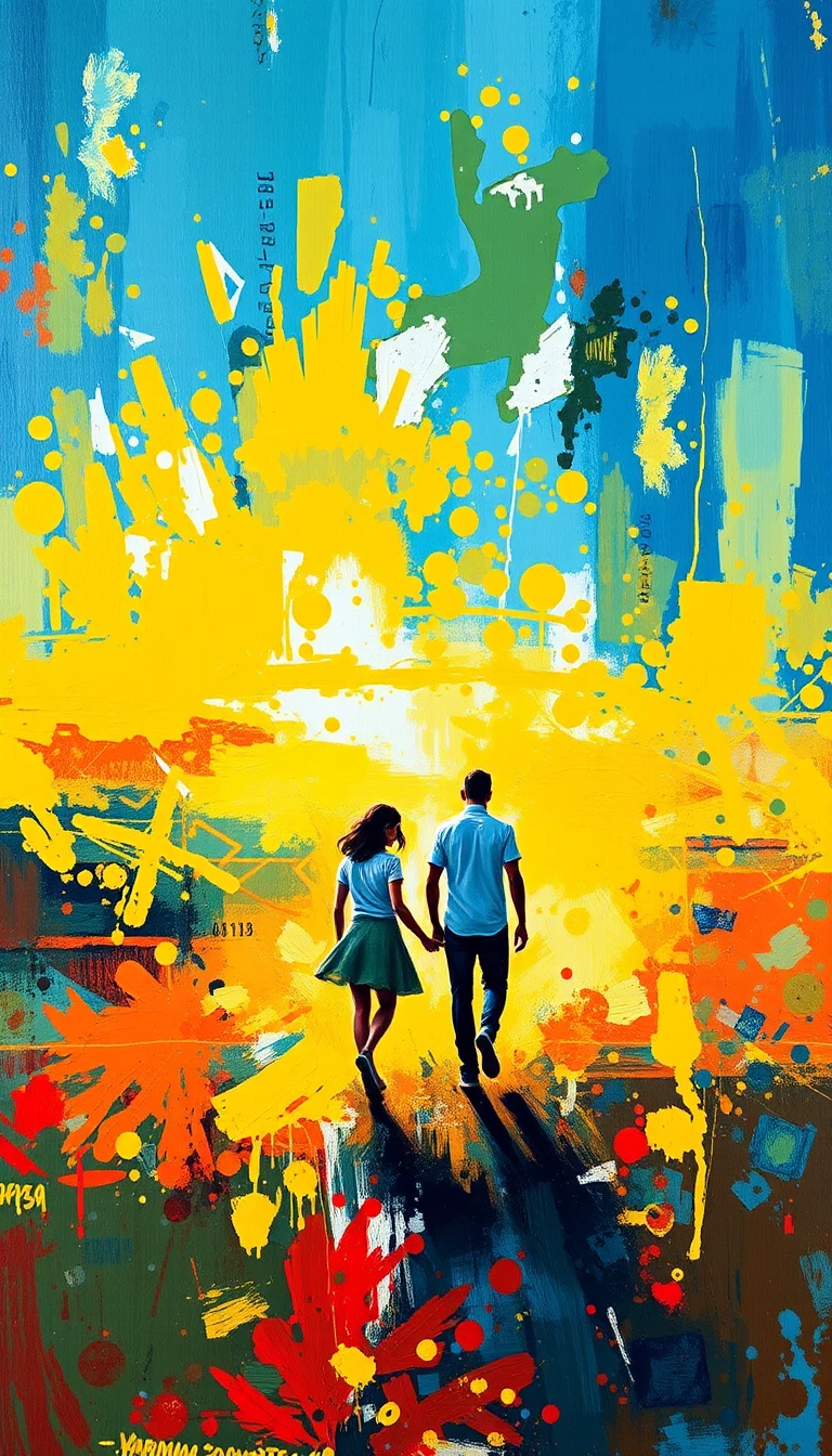 Embracing couple emerging from luminous abstract pastel paint