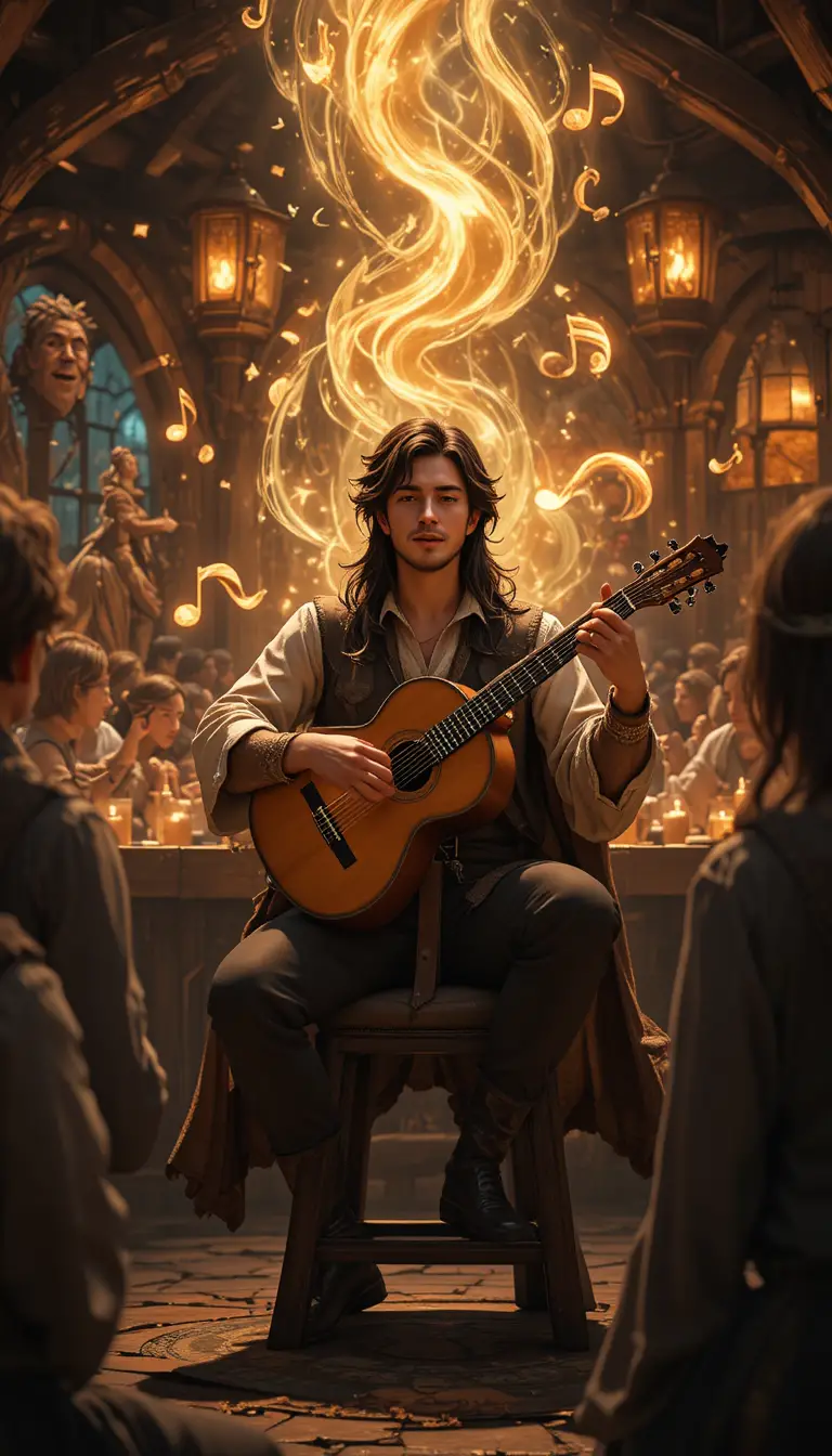 Fantasy bard singing with lute in a glowing tavern