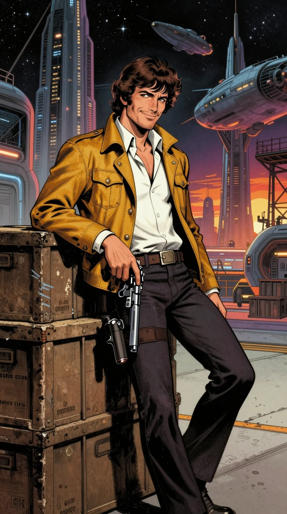 Smuggler leaning on cargo crates in futuristic spaceport