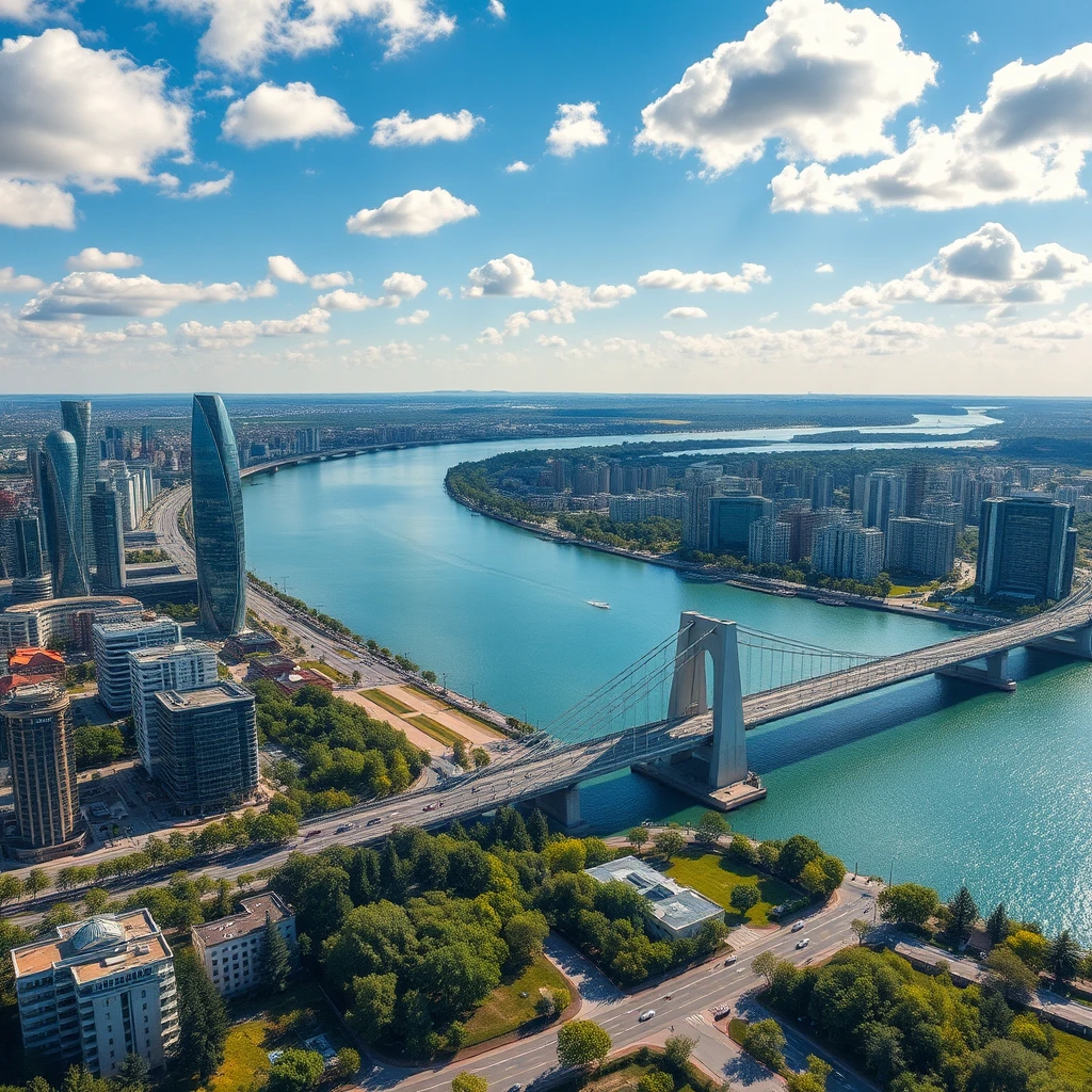Panorama urbano moderno sul fiume con grattacieli blu e ponte