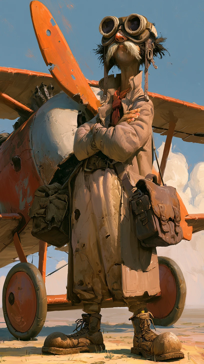 Piloto alegre da Primeira Guerra Mundial com um velho avião gasto