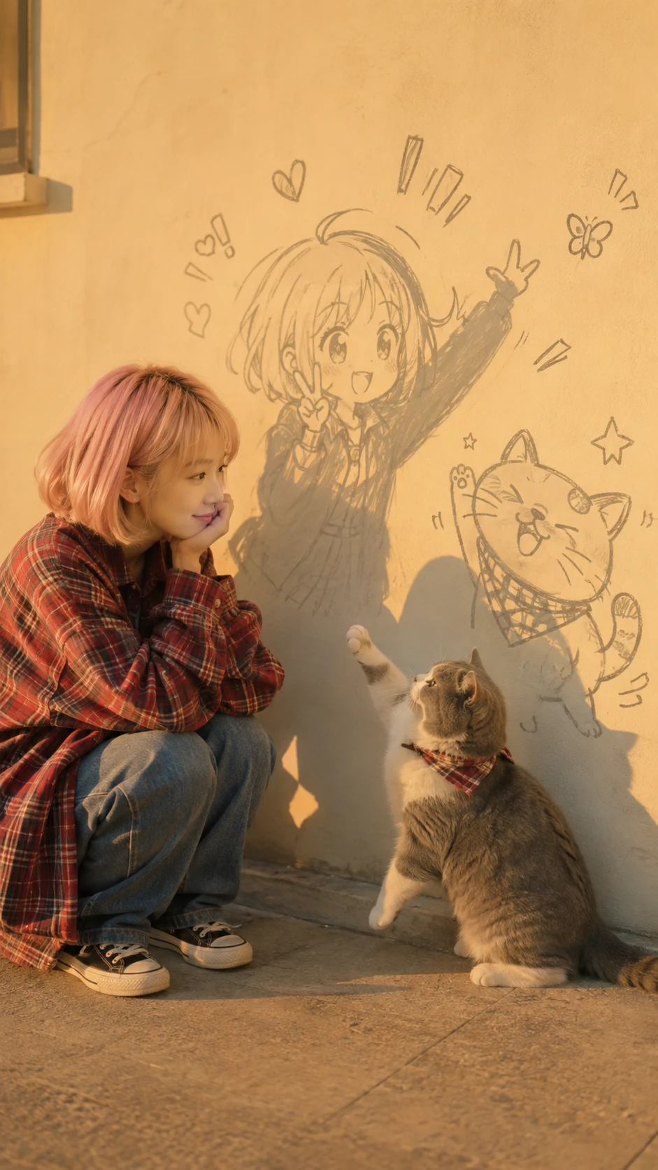 Anime-Mädchen mit Katze im warmen minimalistischen Sonnenlicht