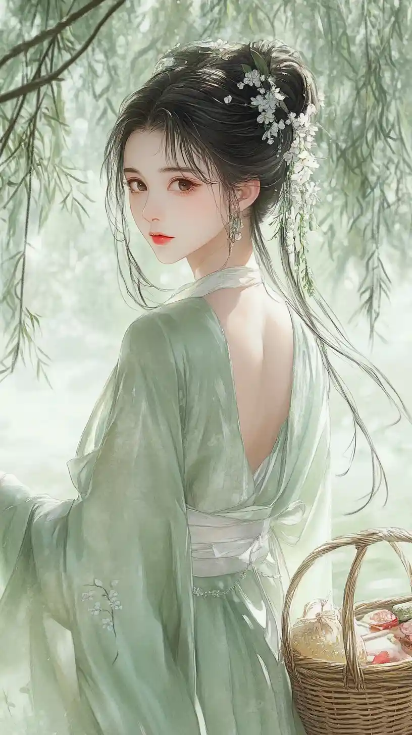 Fille d’anime en hanfu vert marchant dans un pré de printemps