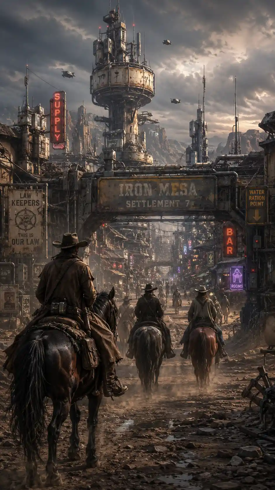 Cowboy Cavalcano Verso una Remota Città di Frontiera Futuristica