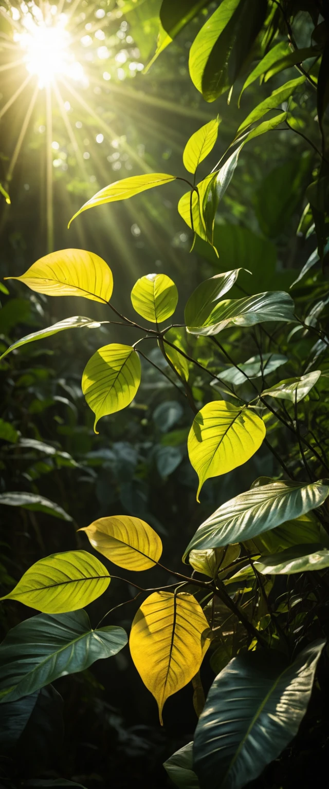 Feuille de jungle ensoleillée en macro rapprochée détaillée