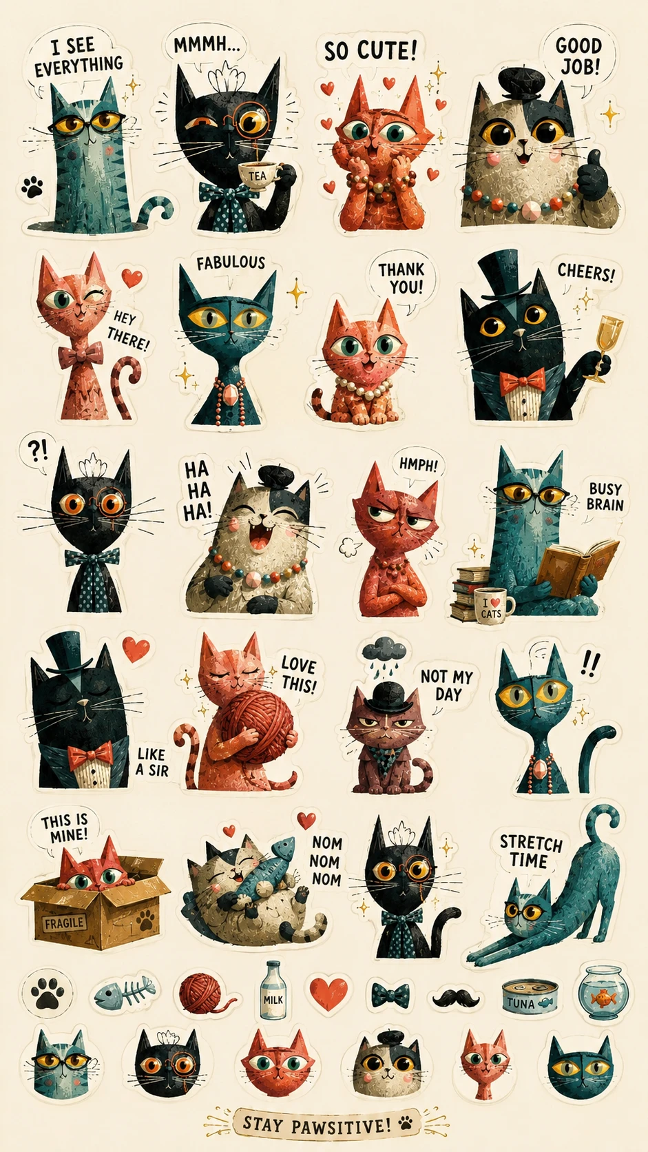 Chibi cat reaction sticker sheet with cute English phrases