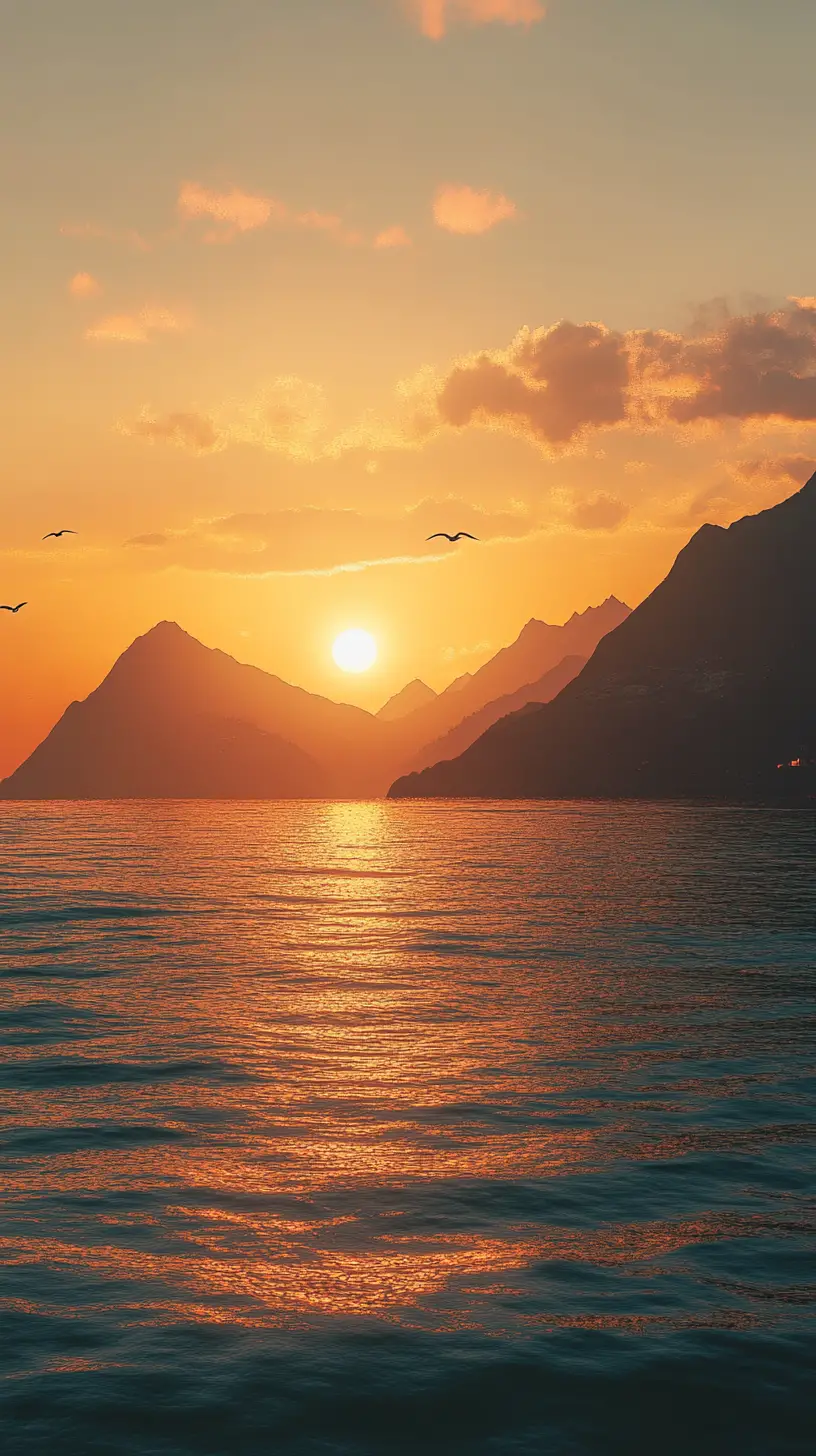Peaceful sunrise over the sea and distant mountain range