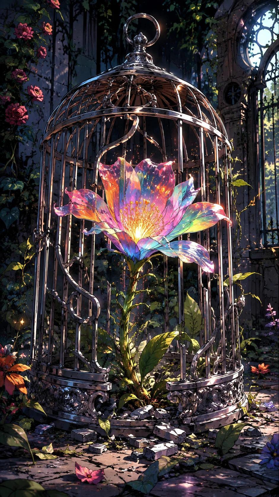 Flor mágica de arco‑íris escapando de uma gaiola de prata no jardim