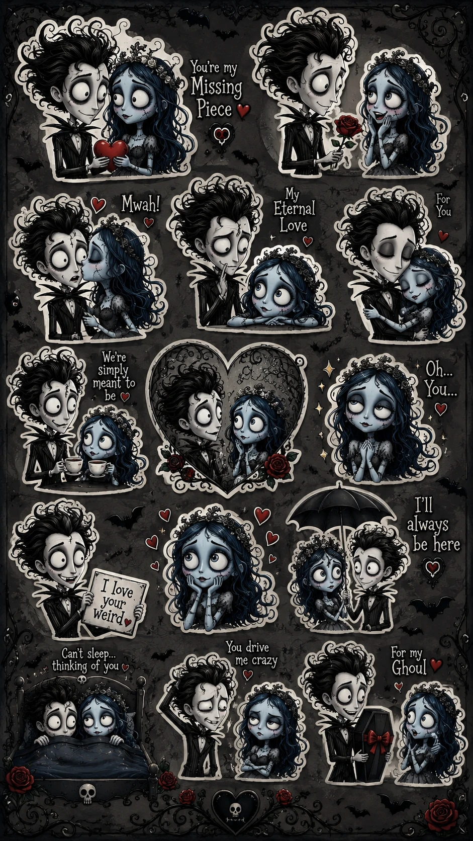 Figurinhas de reação de casal chibi em ilustração romântica sombria