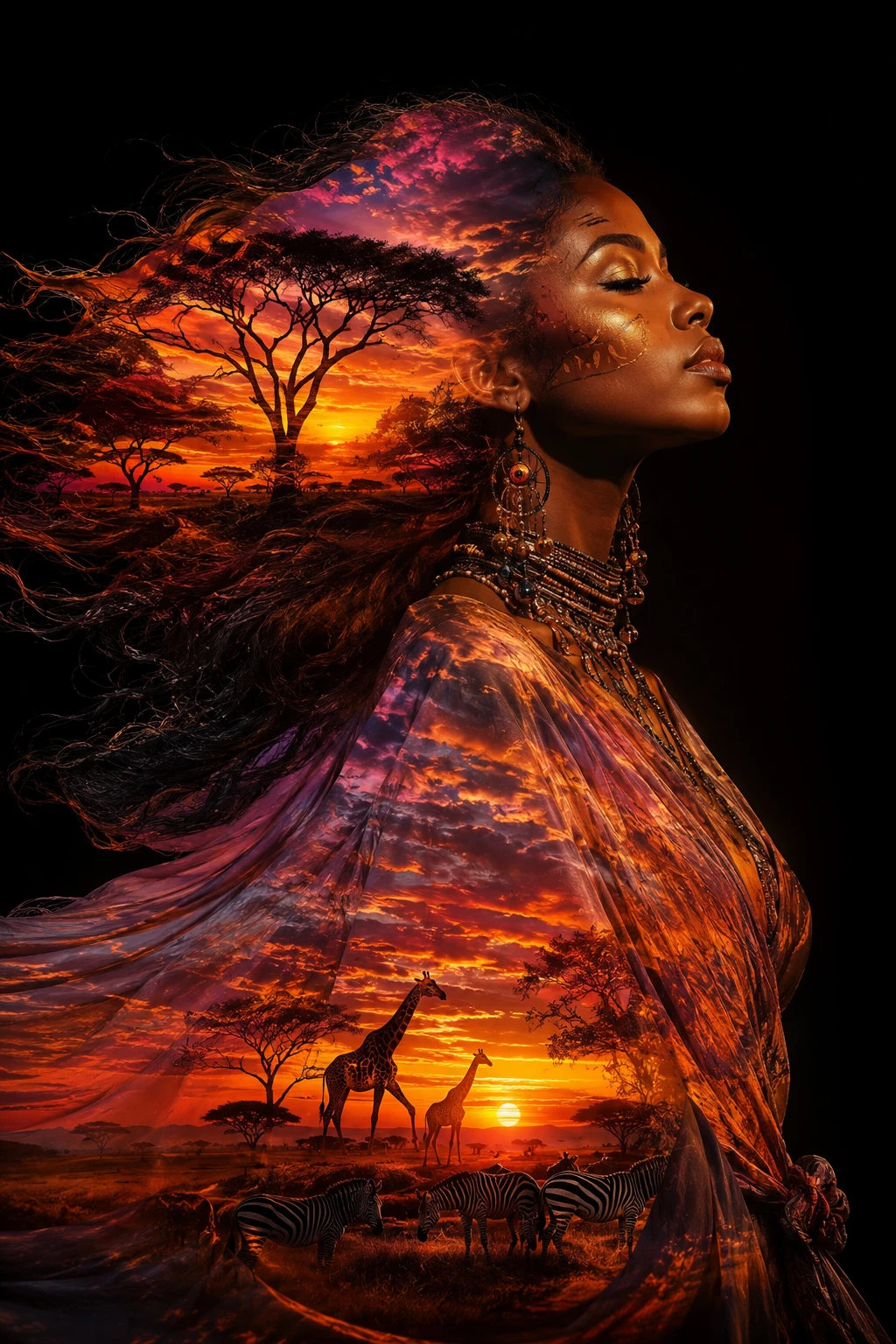Mulher mística fundindo-se com silhuetas do pôr do sol na Serengeti