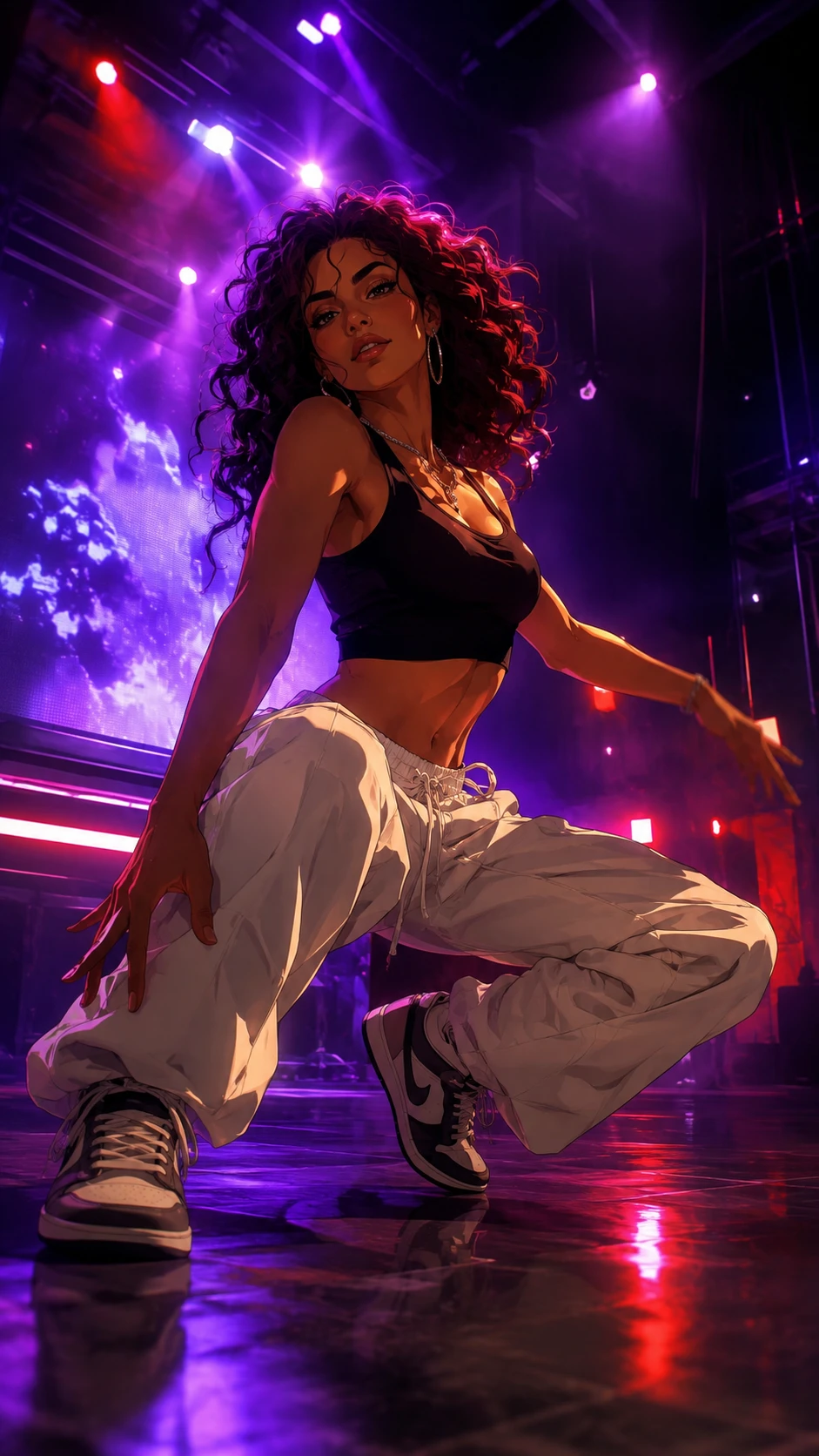Danseuse de hip-hop en pose de squat bas sur une scène colorée