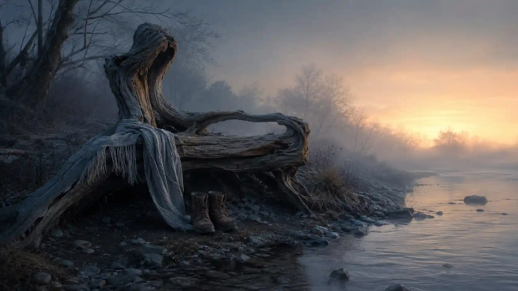 Alter umgestürzter Baum wie eine einsame Bank am Fluss