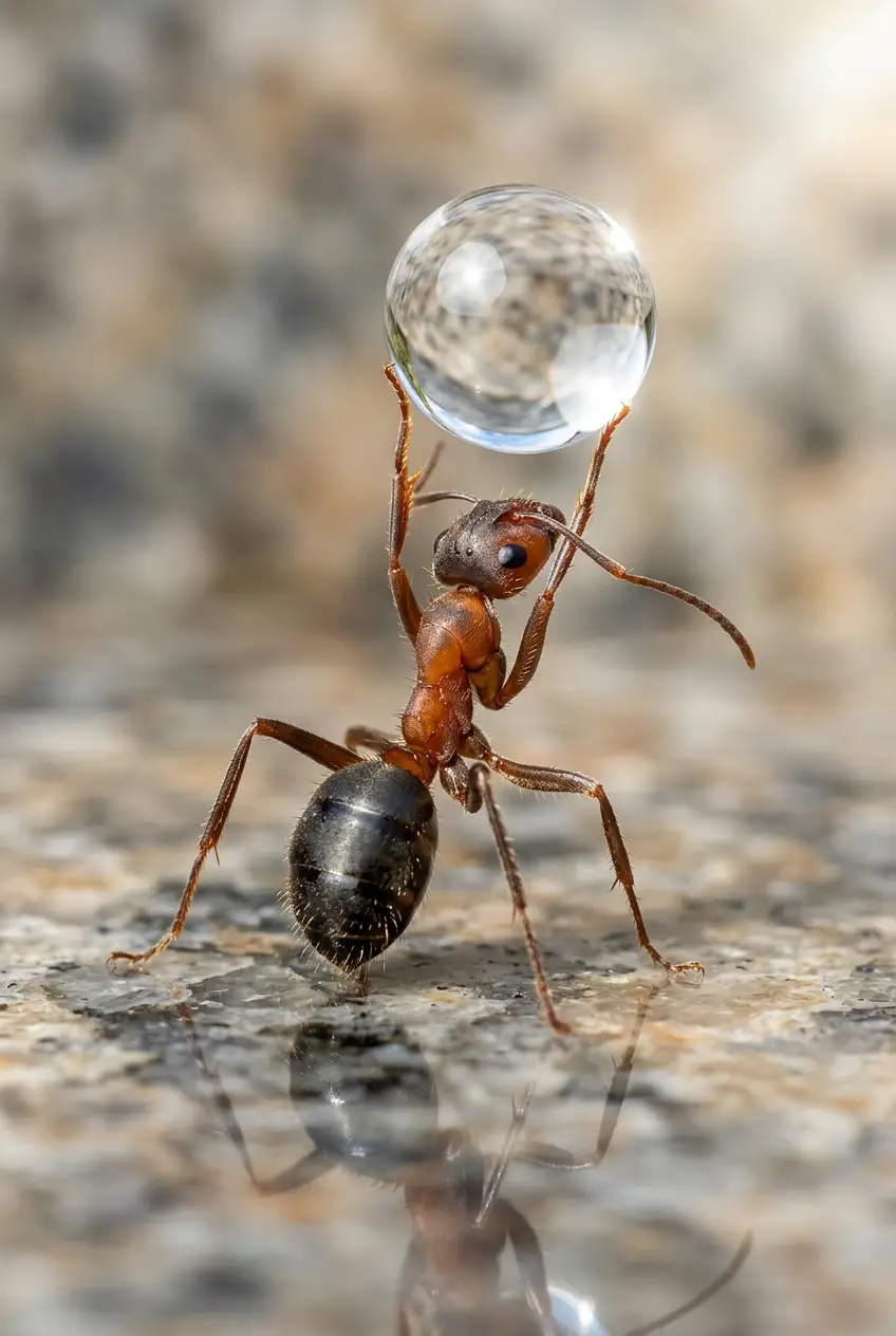 Formiga em macro segurando uma única gota de água sobre a pedra
