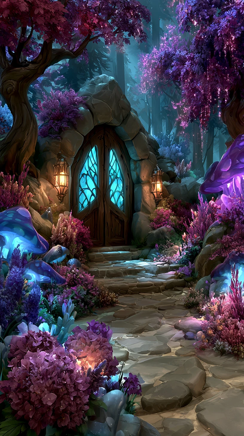 Portal de fantasia colorido brilhando em uma vasta caverna subterrânea