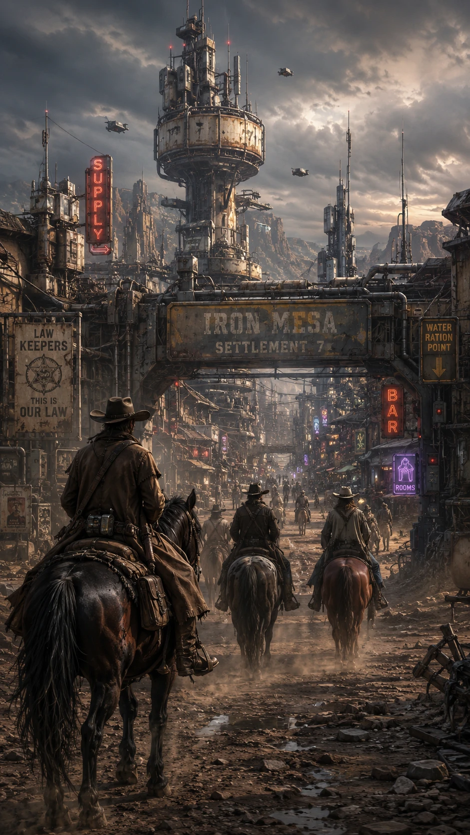 Cowboy Cavalcano Verso una Remota Città di Frontiera Futuristica