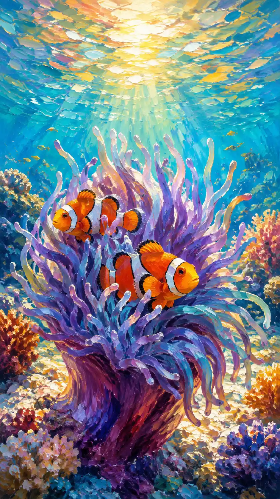 Clownfish Sheltering In Anemone On Sunlit Coral Reef