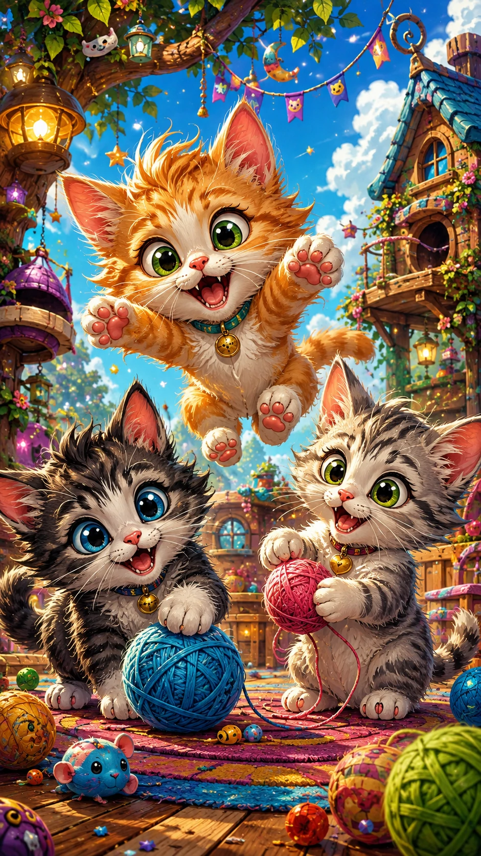 Drei verspielte, niedliche Kätzchen in einer hellen Fantasy-Illustration