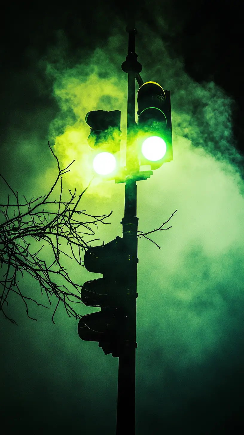 夜晚城市街道路口的綠燈