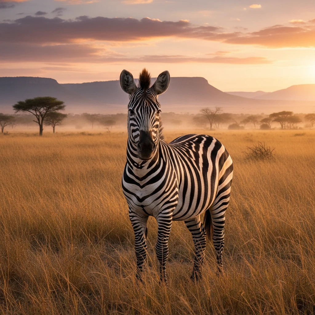 Zebra orgulhosa sozinha na grama dourada da savana africana