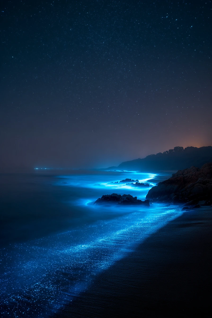 Glowing Bioluminescent Waves Along A Peaceful Night Shore