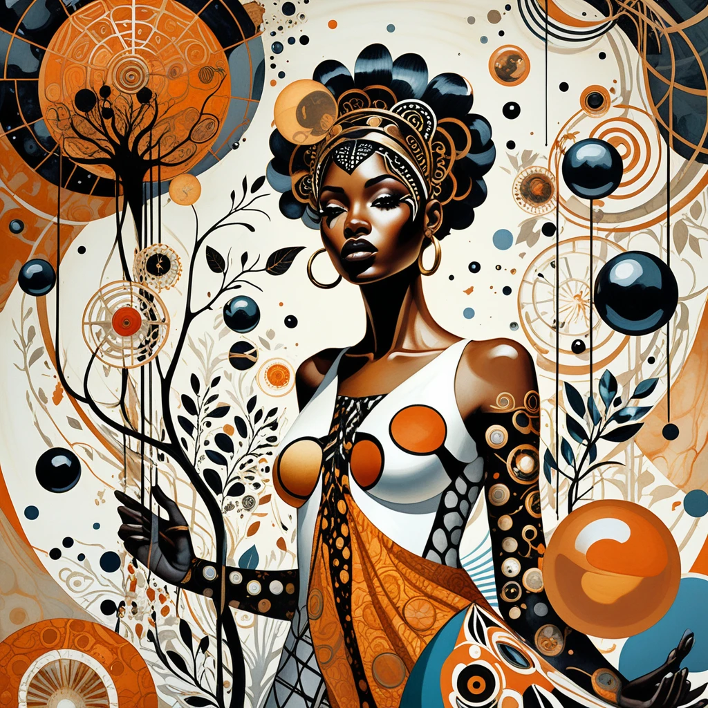 Mulher negra surreal entrelaçada com esferas planetárias em decomposição