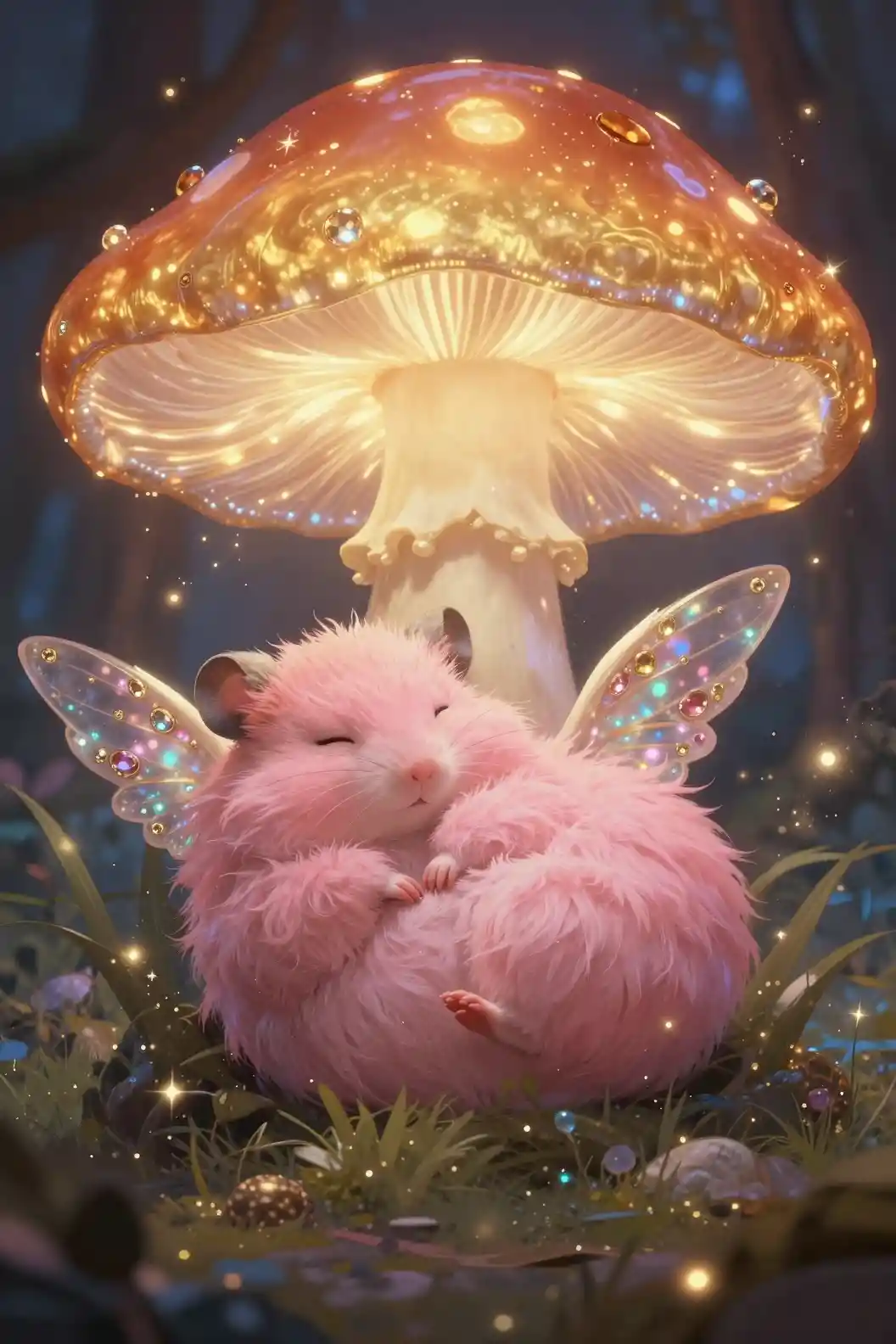 光るキノコの下で眠るふわふわピンクの生き物
