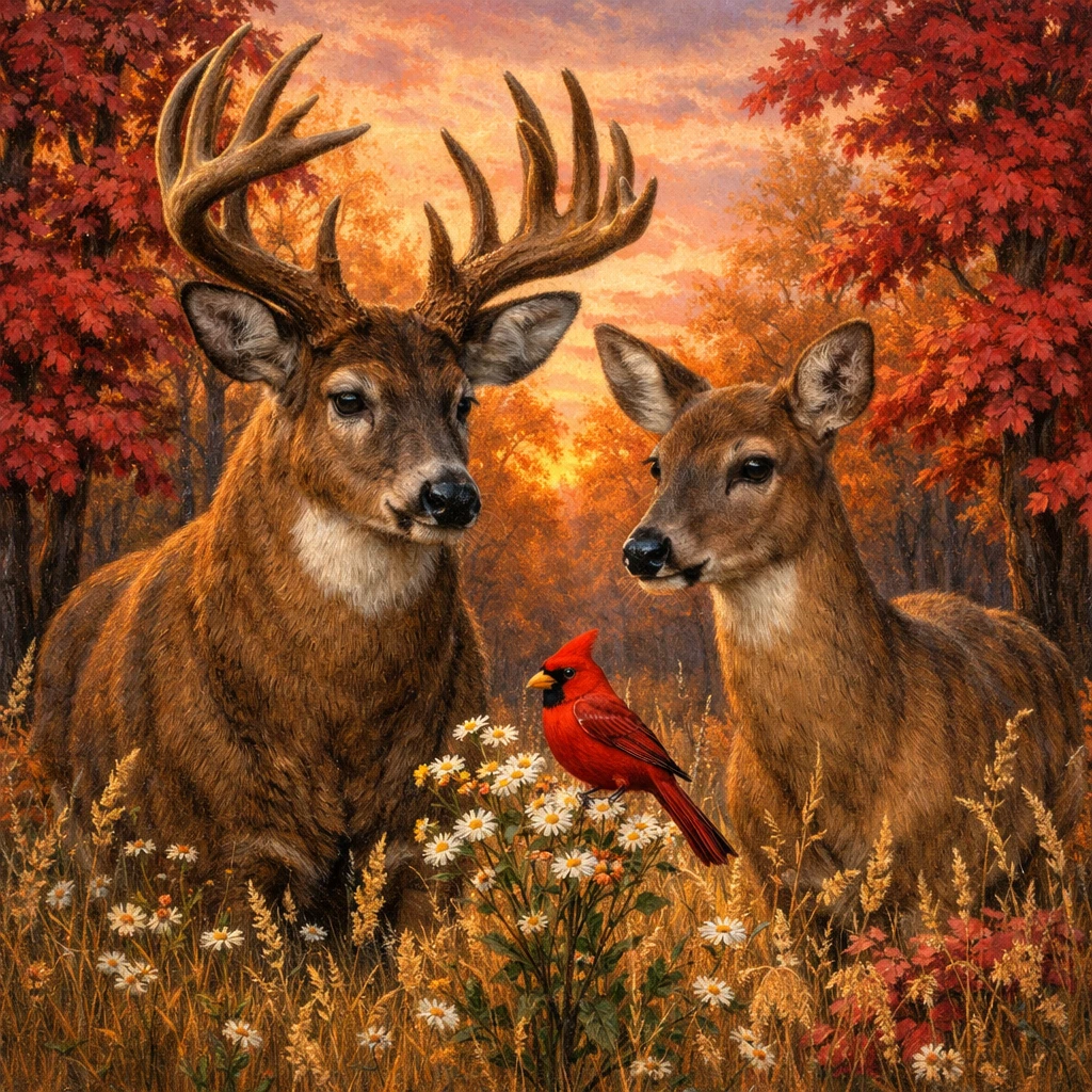 Dois cervos observando um cardeal vermelho no pôr do sol de outono