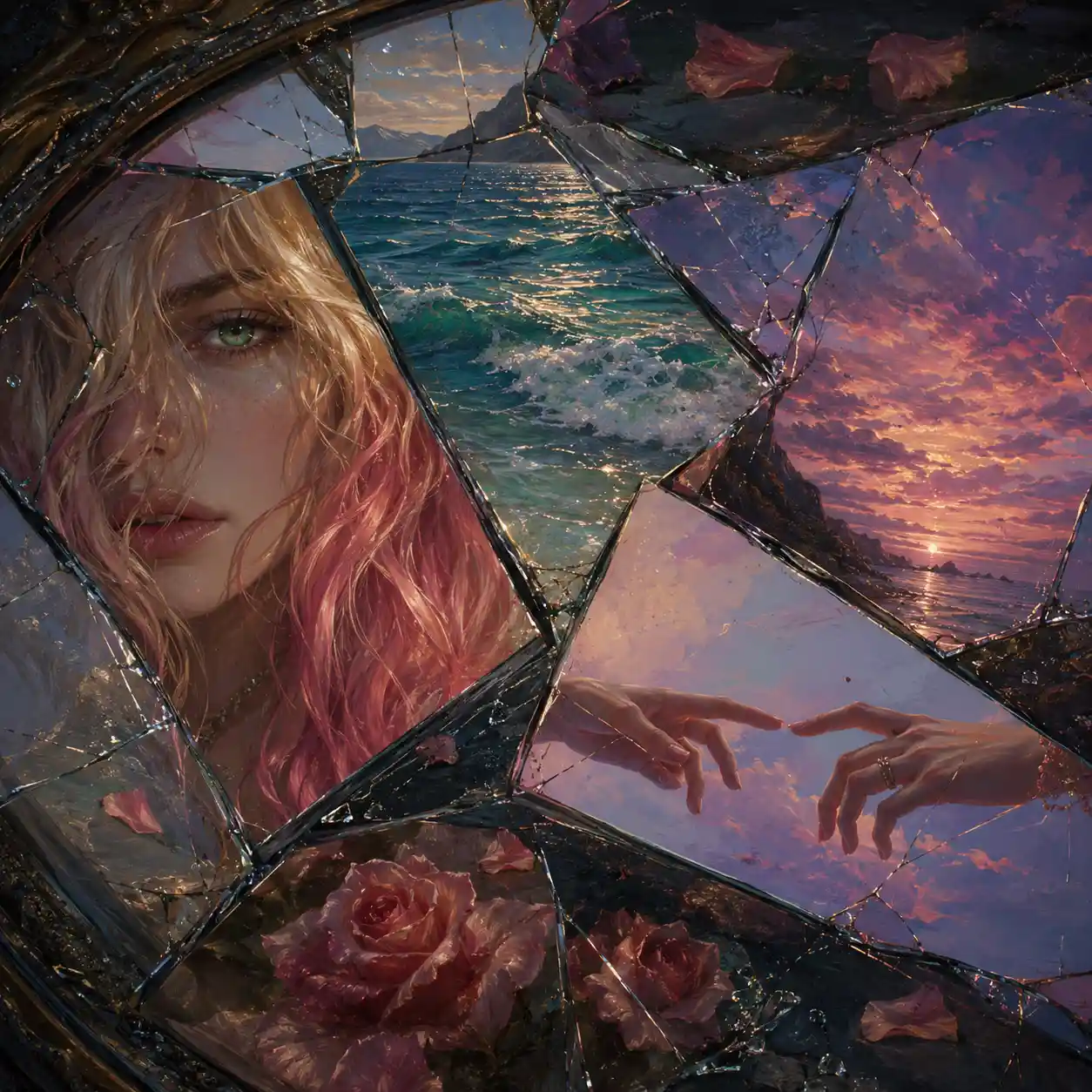 Surreal painting of a cracked mirror with shattered reflections