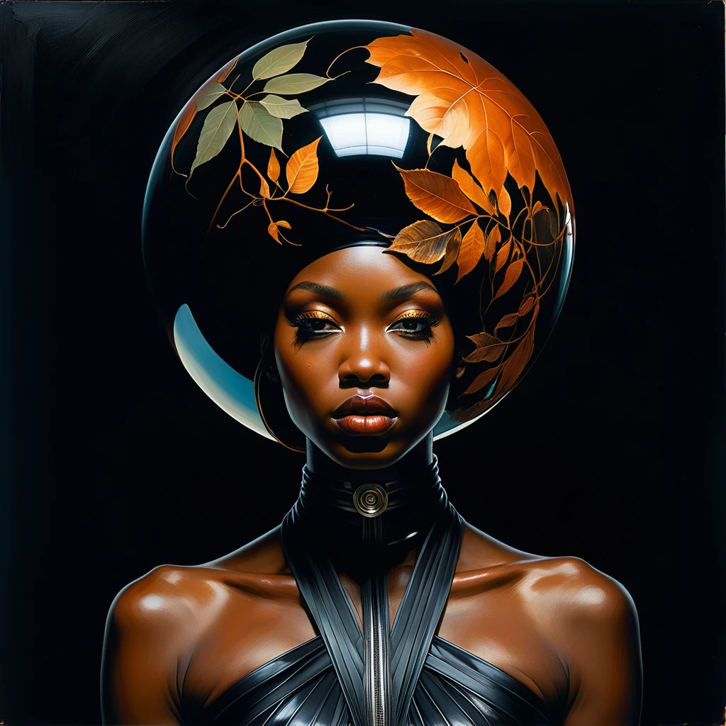 Mulher negra surreal fundida com raízes planetárias em decadência