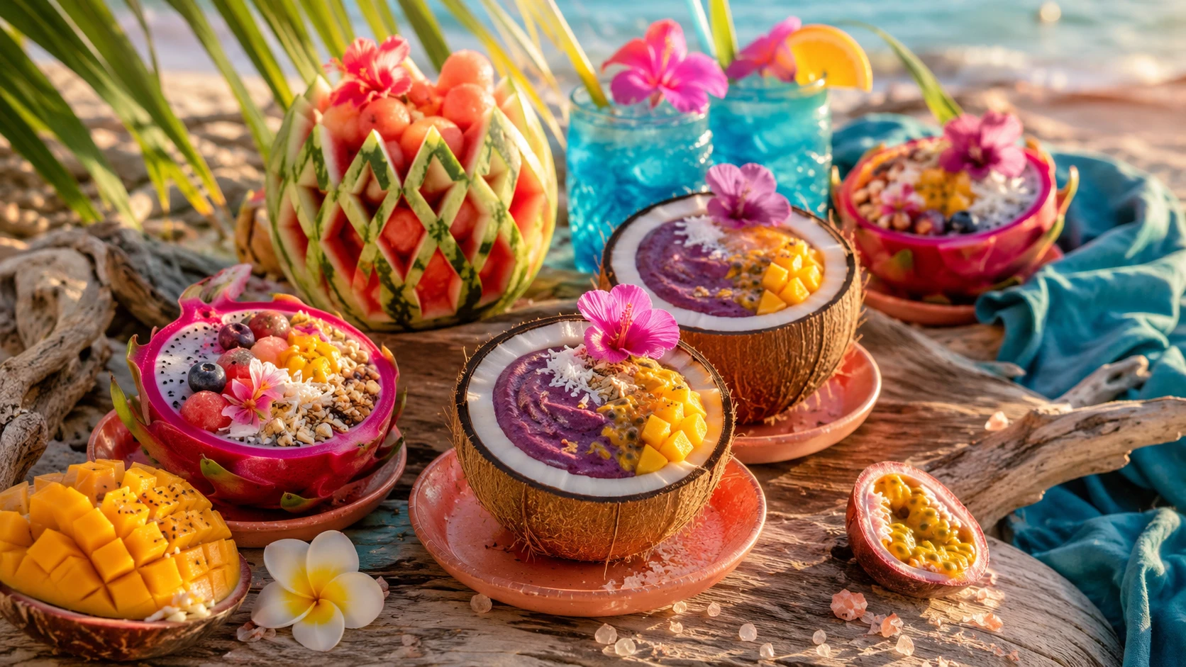 Tropical fruit display on driftwood with beachside details