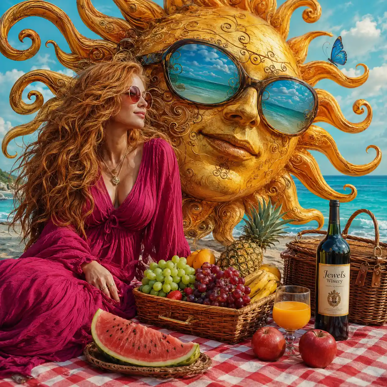 Piquenique fantasioso na praia com mulher e sol antropomórfico