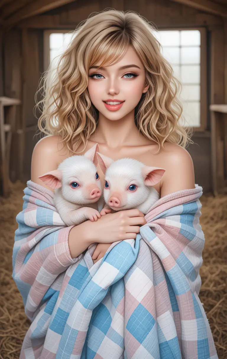 Blonde woman holding piglets in a pastel blanket in barn