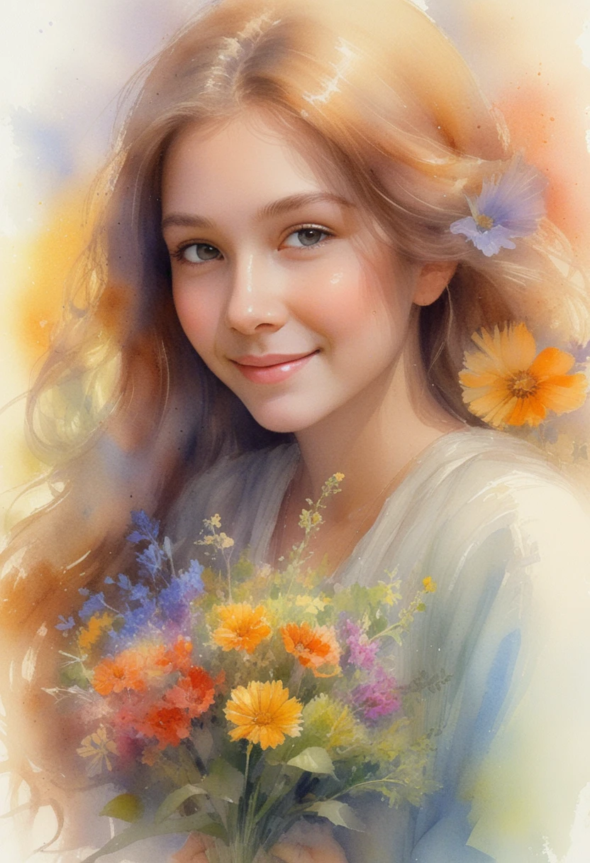 年輕女子在夢幻逆光中捧著野花