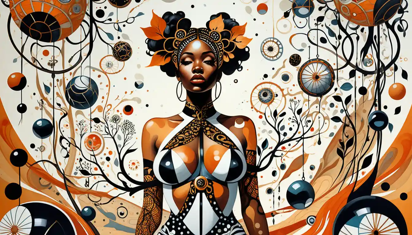 Mulher negra surreal entrelaçada com formas planetárias em decomposição