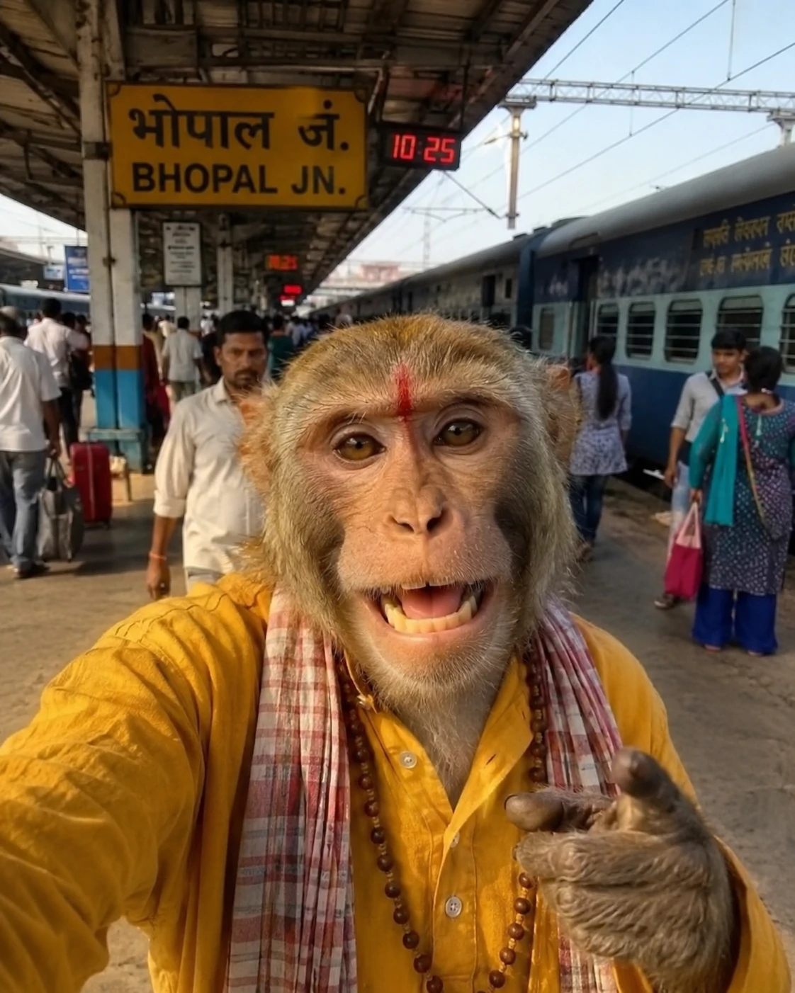 にぎやかなインドの鉄道駅ホームで遊ぶサル