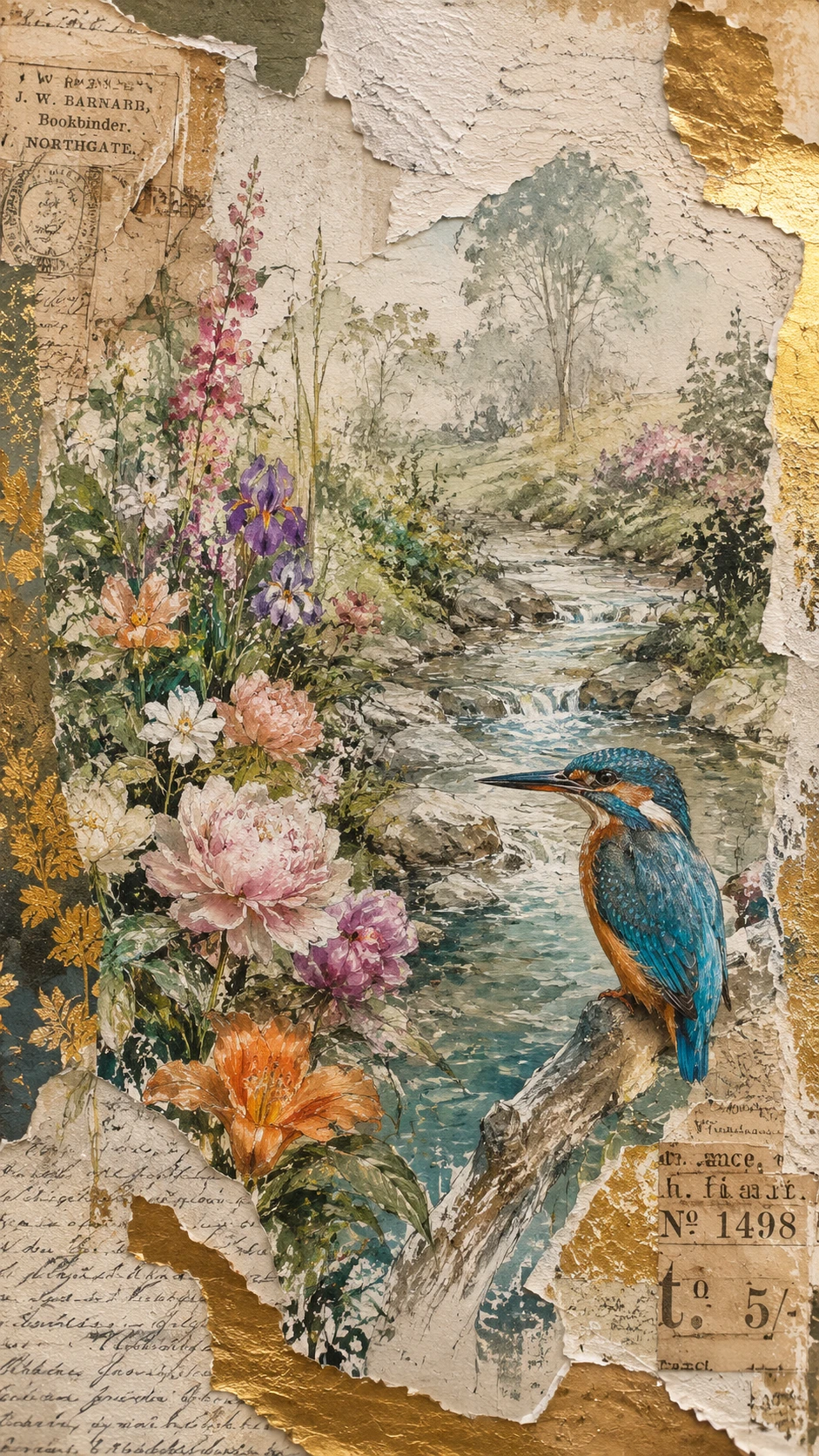 Colorful kingfisher by a stream in a flower garden
