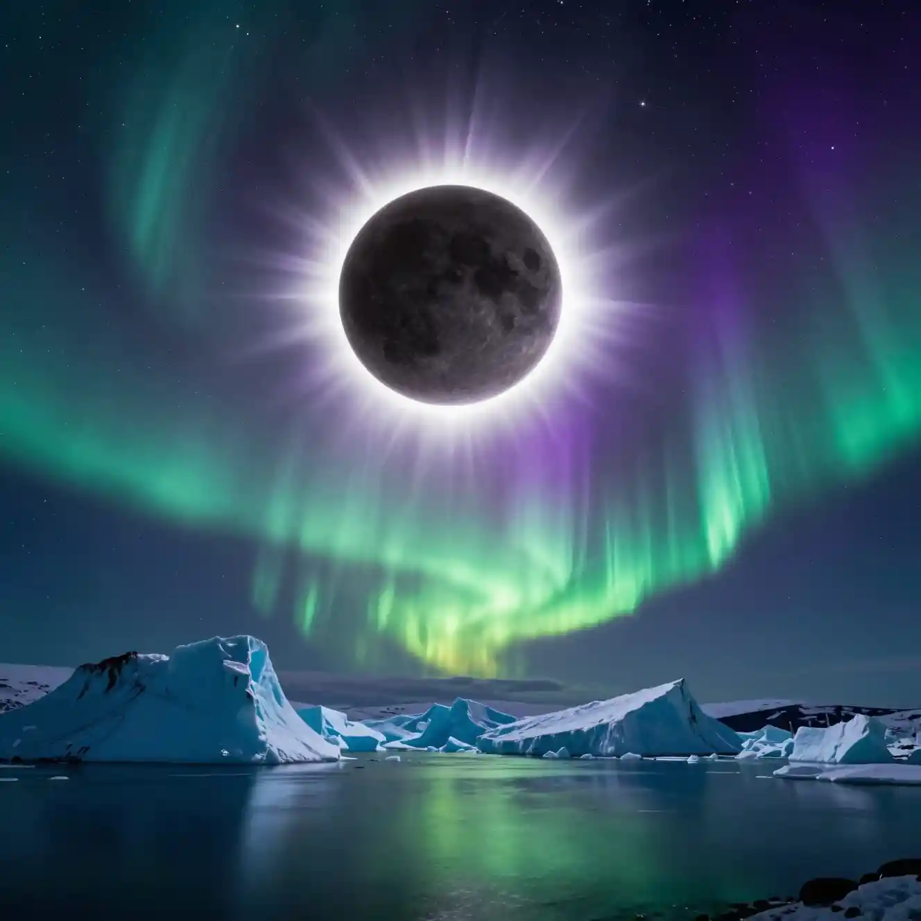 Éclipse solaire totale au-dessus des glaciers arctiques et d’un ciel d’aurores
