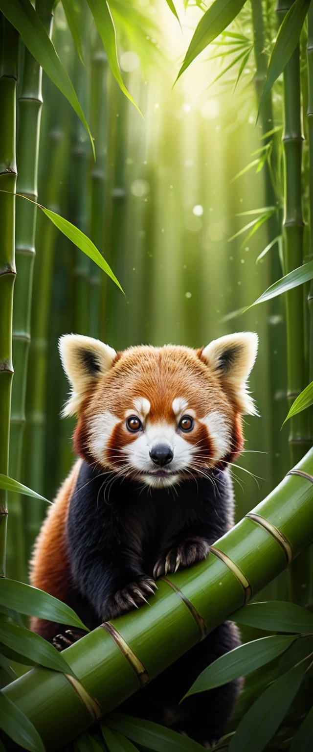Dolce panda rosso sotto una foglia luminosa nella foresta di bambù