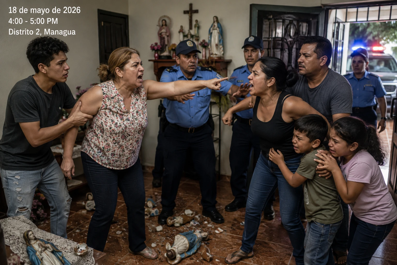 Confronto familiar na entrada de um prédio residencial em Manágua