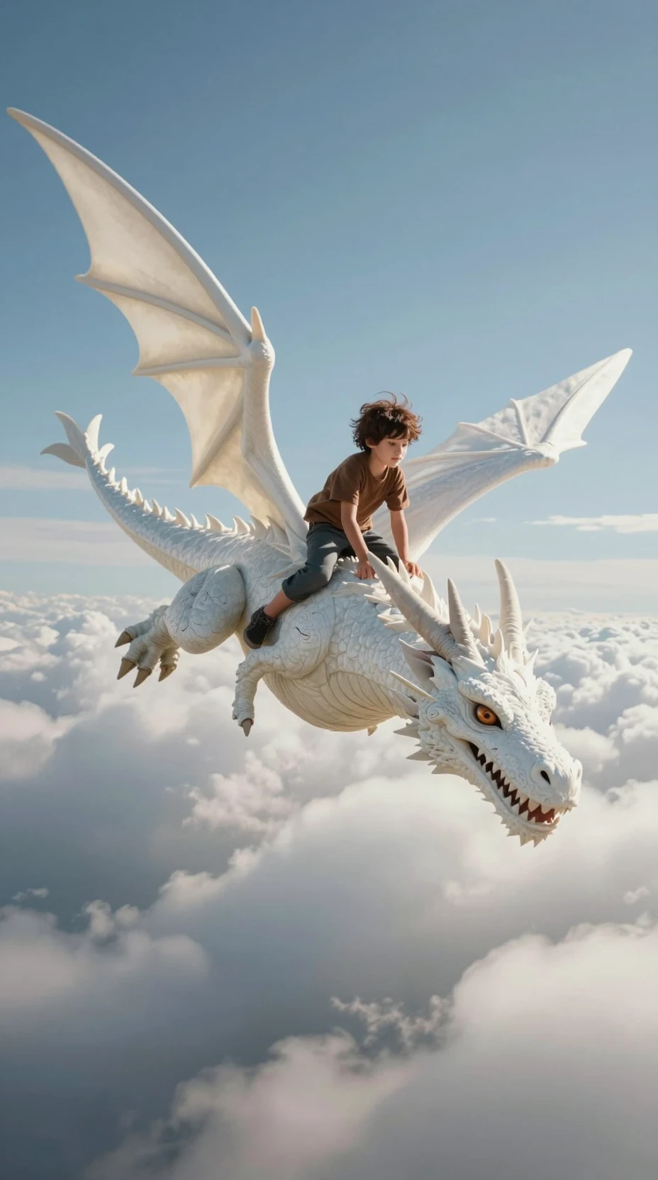 Boy riding a white dragon flying high among clouds