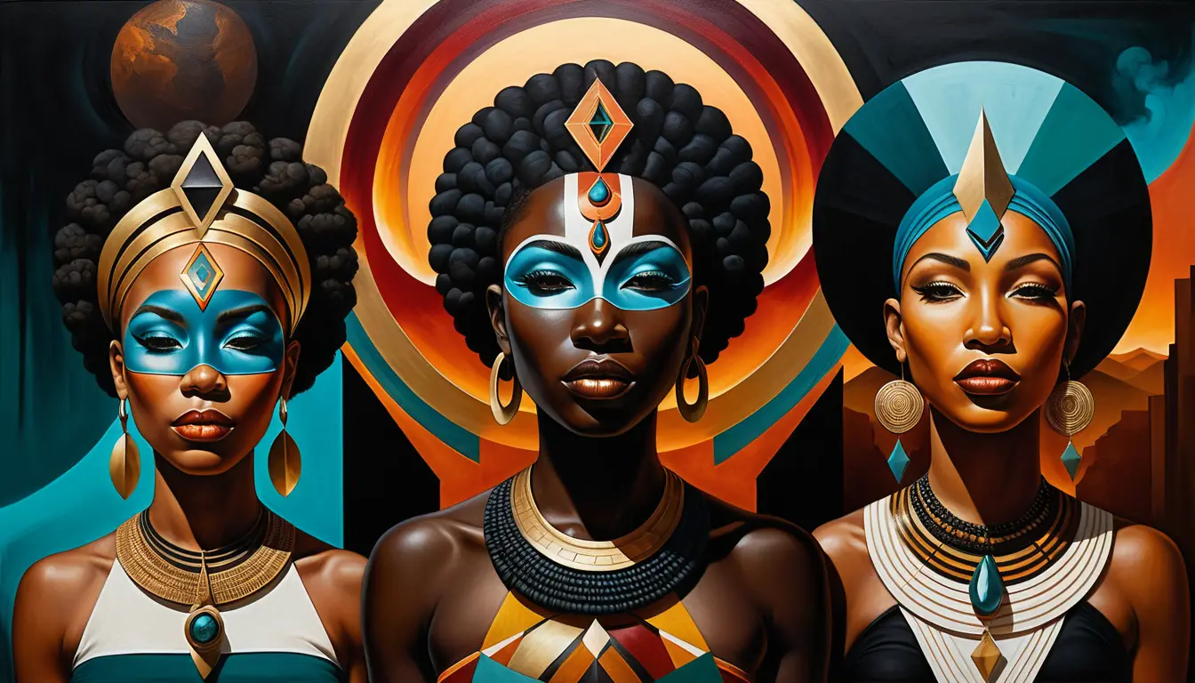 Surreal Afrocentric portrait with tribal geometry and masks