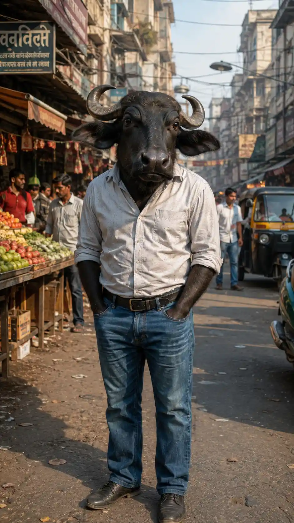 Buffalo In Jeans On Colorful Indian Street Market