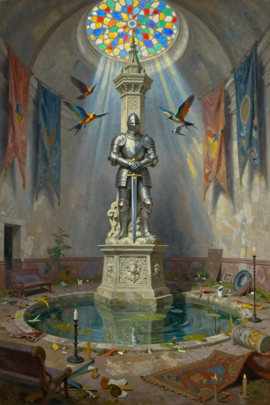 Ritterstatue in der Eingangshalle eines verlassenen Turms – Gemälde