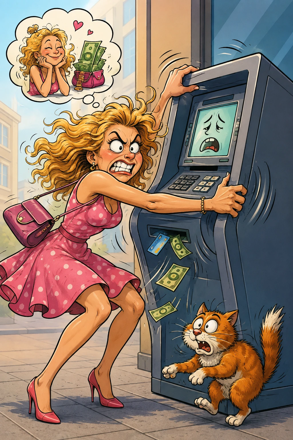 ATM を揺さぶる女性のコミック風イラスト
