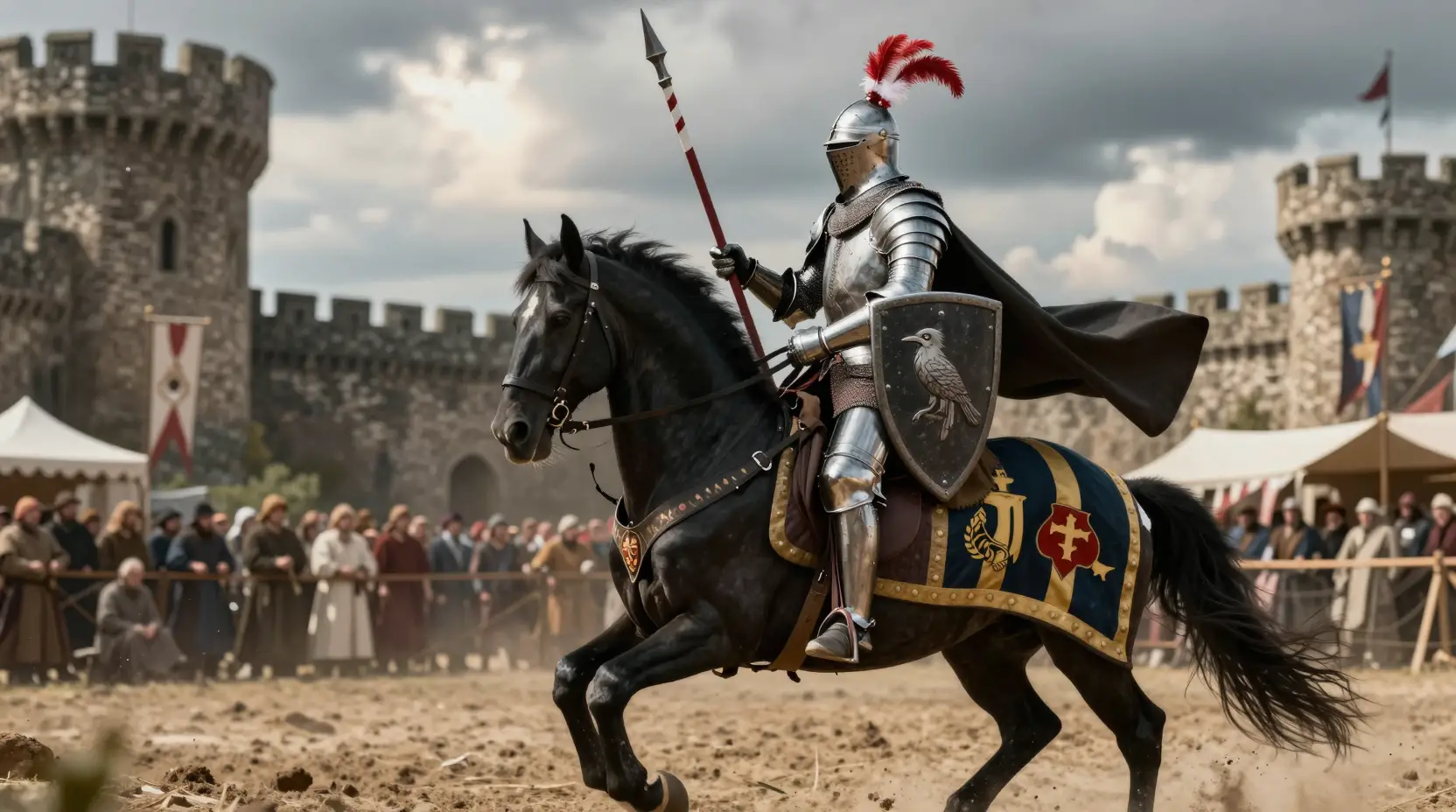 Chevalier médiéval en armure chargeant sur un cheval de guerre noir