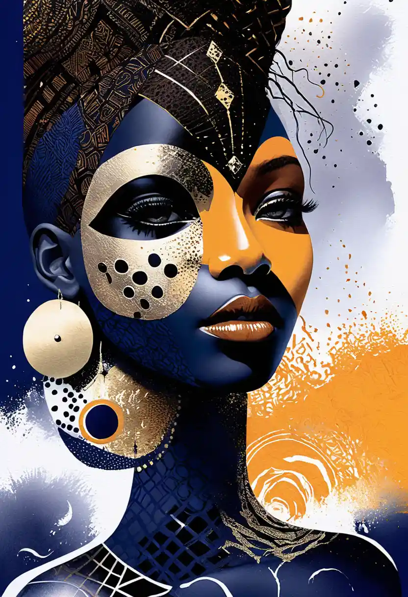 Surreal abstract Black portrait with Afrocentric tribal symbols