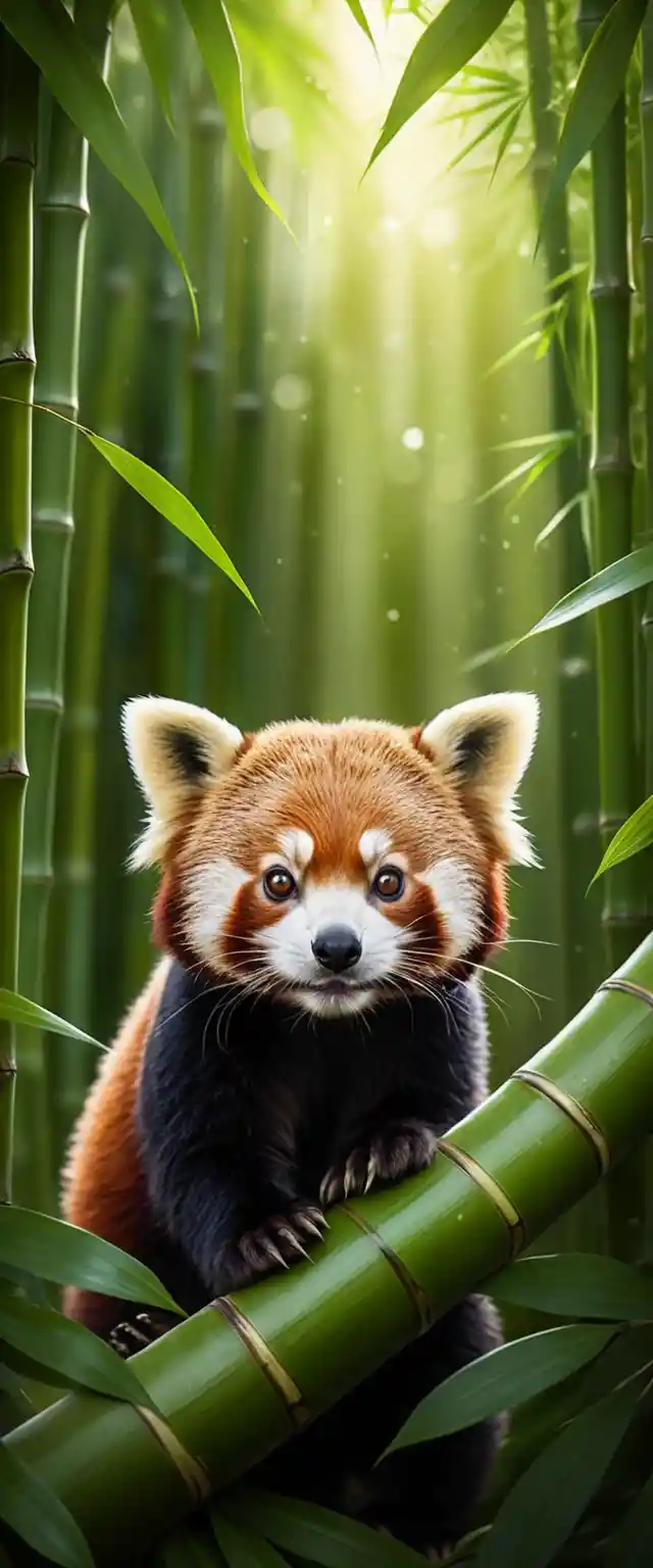 Dolce panda rosso sotto una foglia luminosa nella foresta di bambù