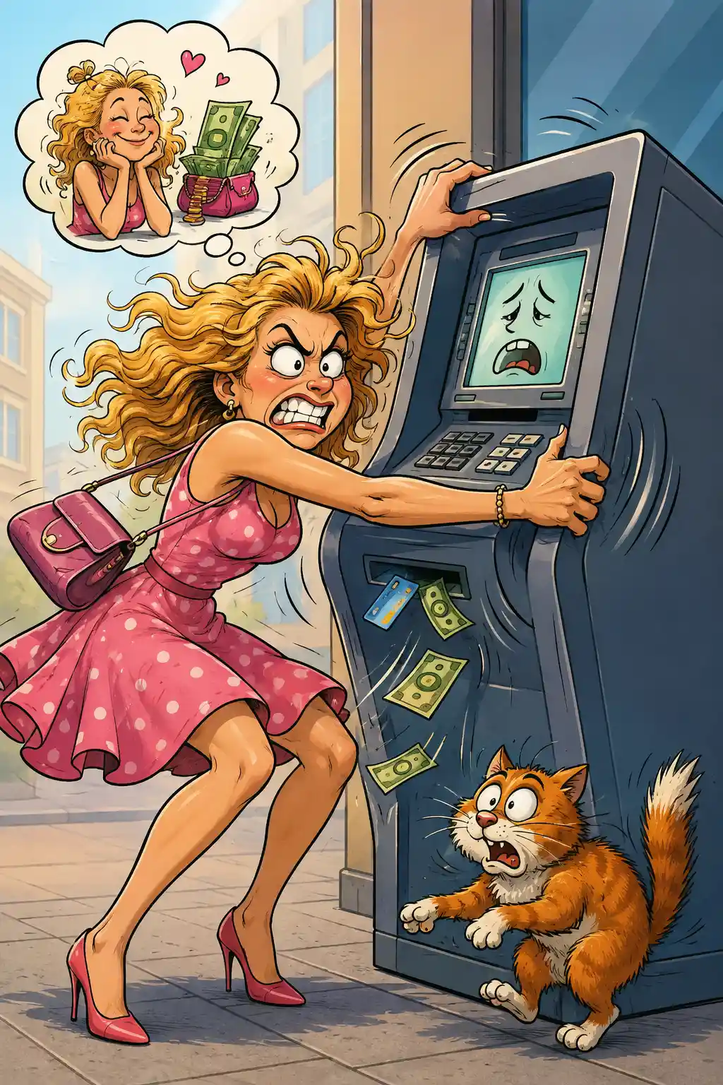 漫畫風女子搖晃提款機的插畫