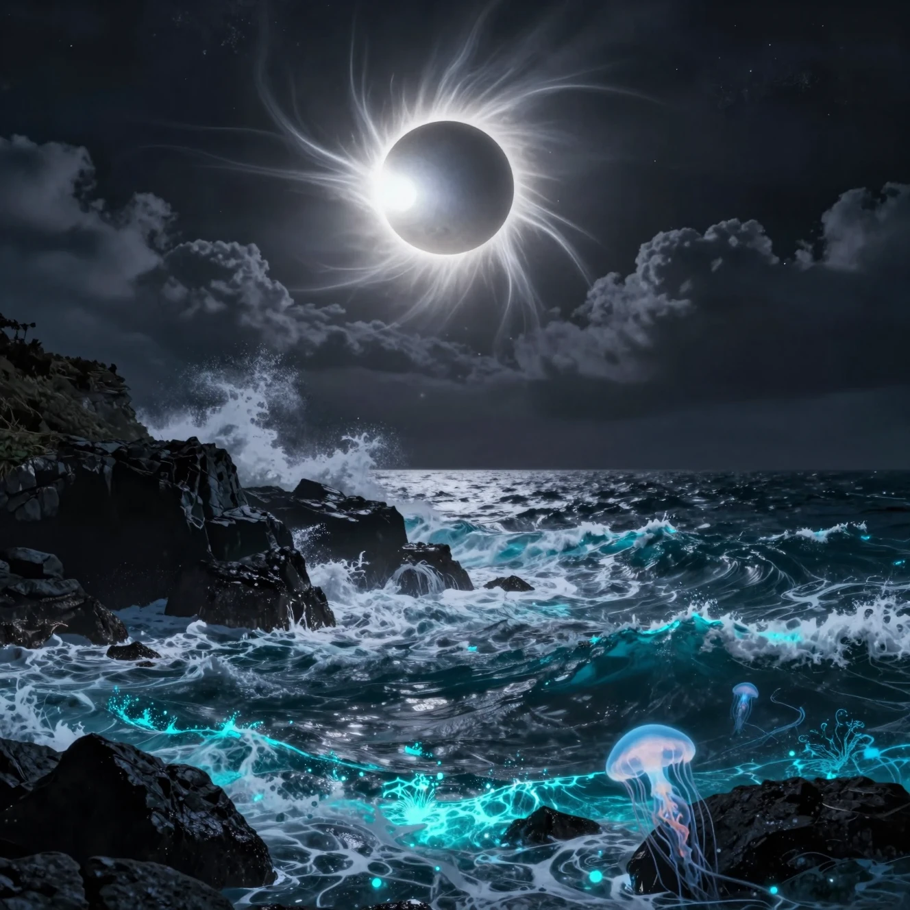 Eclipse solar total sobre acantilados oceánicos bioluminiscentes en plena tormenta