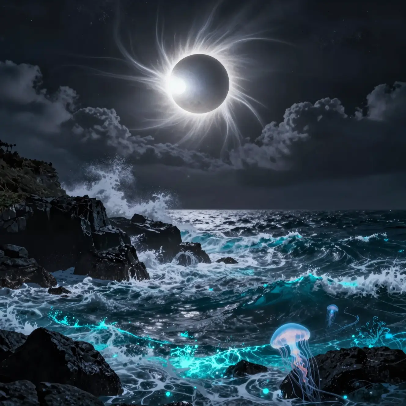 Eclipse solar total sobre falésias oceânicas bioluminescentes em meio à tempestade
